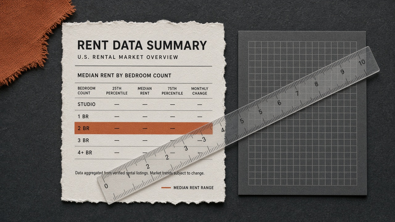 Methodology mood still: a paper rent-data summary sheet with placeholder dashes, a plat-map grid card, and a ruler on slate. Not live market figures.